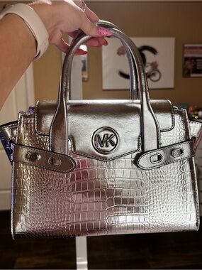 Michael Kors Silver Croc-Embossed Metallic Satchel